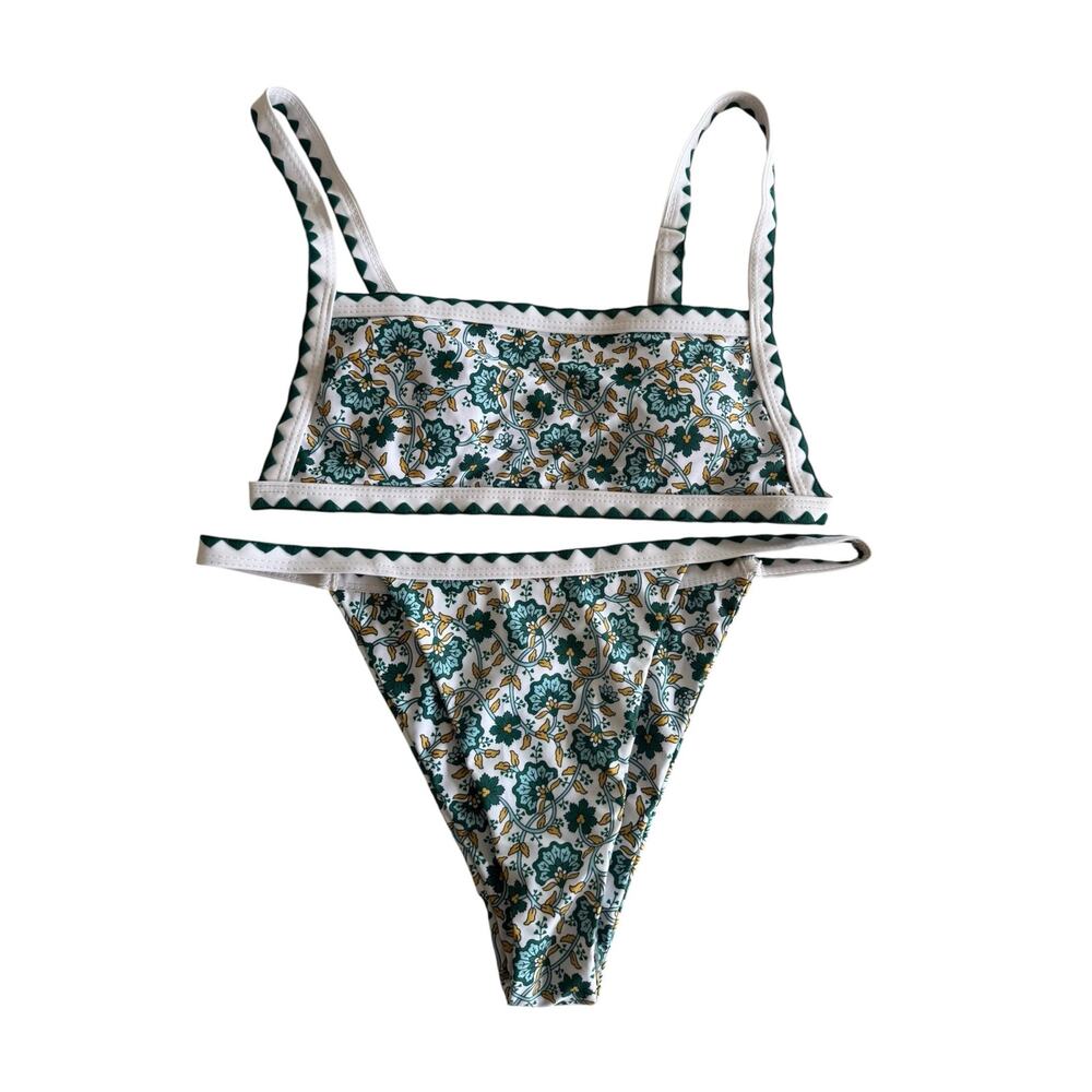 SHEIN Floral Print Bikini Set Green White Scallop Trim High Leg Swimsuit Medium - Picture 2 of 6